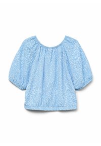 Lichtblauwe blouse met pofmouwen, gathered halslijn en een overal crème leeuwenkleurig patroon. Zachte, textuurrijke stof, losse pasvorm.