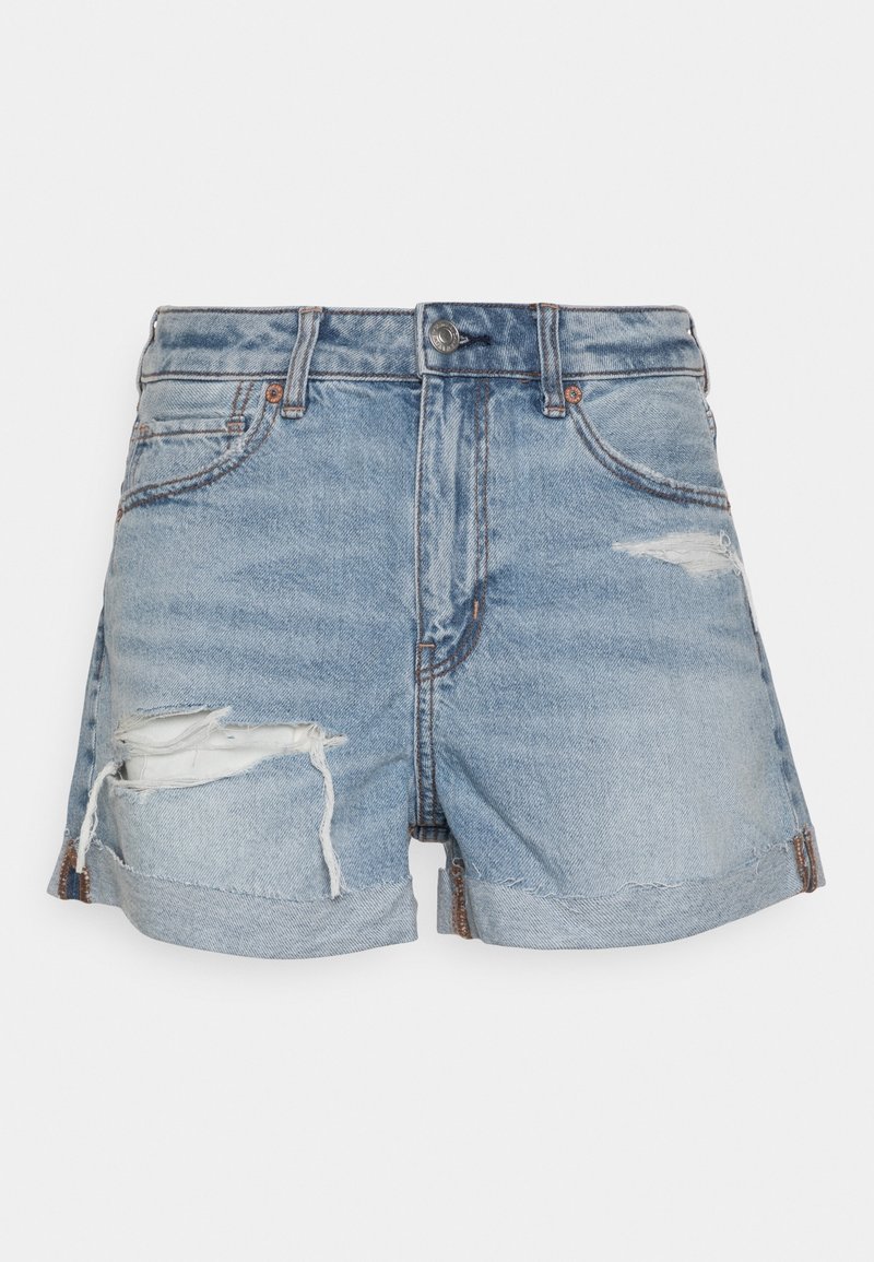 Džínové šortky světle modré barvy s odřenými místy, třepeným lemem a ohrnutými manžetami. Obsahují klasický pětikapsový design a kovové zapínání na knoflíček.