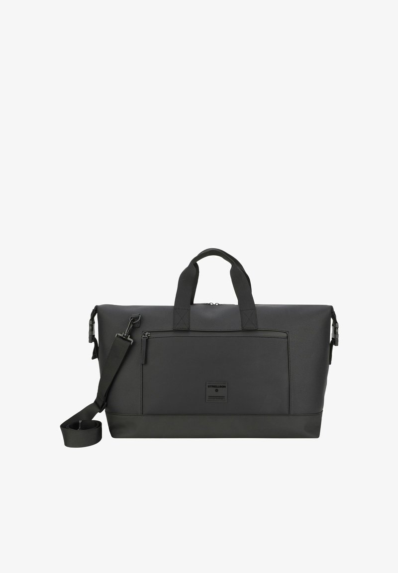 Črn potovalni nahrbtnik iz trpežne tkanine, opremljen z dvema ročajema, nastavljivim ramenskim pasom in sprednjim žepom z zadrgo. Teksturirana površina.