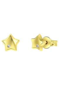 Gouden stervormige studs met een gepolijste afwerking en een kleine heldere edelsteenaccent. Elke oorbel heeft een veilige sluiting.