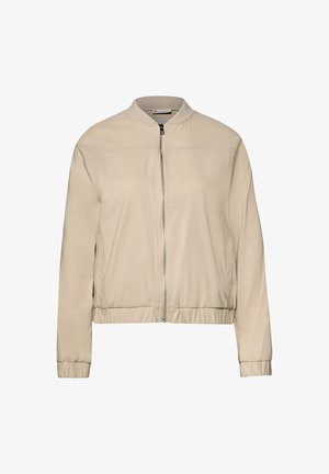 Licht beige bomberjack met een gladde textuur, elastische manchetten en zoom. Voorzien van een rits aan de voorkant en zijzakken, minimalistisch ontwerp.