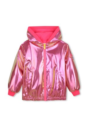 Glinsterend metallic roze kinderjas met capuchon, ritssluiting aan de voorkant, elastische manchetten en zoom, en zijzakken, getoond op een witte achtergrond.