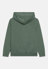 Groene capuchontrui met een zachte textuur, ribbels bij de mouwen en onderkant, eenvoudig ontwerp en een gecentreerde capuchon zonder extra patronen.