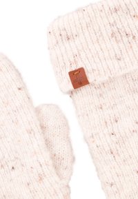 Sweterkowe kremowe rękawice z brązowymi i brzoskwiniowymi plamkami, z prążkowanym mankietem i brązową skórzaną metką z wytłoczonym krzyżem.