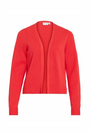 Cardigan rouge à maille texturée ouvert sur le devant, manches longues, poignets et ourlet côtelés.