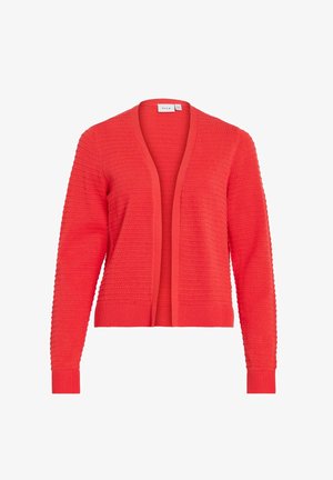 Rode openvallende vest van textuurgaren met lange mouwen en geribbelde boorden aan de mouwen en zoom.