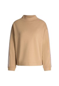 Felpa beige con collo alto, maniche lunghe e strisce laterali bianche con accenti bordeaux. Tessuto morbido con vestibilità rilassata.