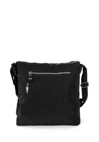 Schwarze Schultertasche aus strukturiertem Stoff, mit einem Reißverschluss oben, einer Vordertasche mit Reißverschluss und einem Akzentanhänger an der Seite.