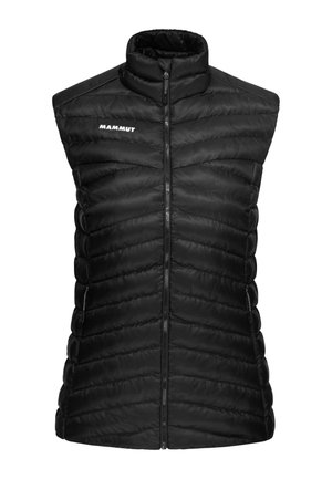 Sort ærmeløs puffer vest med høj krave, prydet med vertikal quiltet design og frontlynlås, med mærkets logo på brystet.
