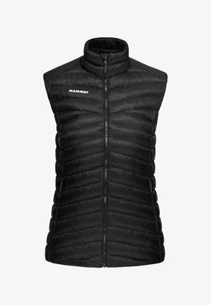 Sort ærmeløs puffer vest med høj krave, prydet med vertikal quiltet design og frontlynlås, med mærkets logo på brystet.