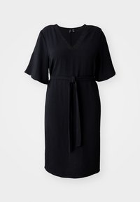 Black knee-length dress with short, flared sleeves, V-neck, lace detailing, and a fabric belt for a defined waist. Smooth, textured fabric.