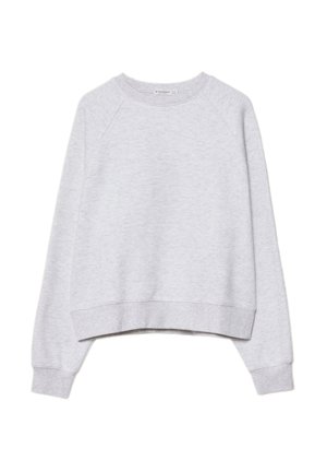 Grauer, kurzer Sweatshirt aus weichem, strukturiertem Stoff. Mit langen Raglanärmeln sowie gerippten Bündchen und Saum. Schlichtes, neutrales Design.