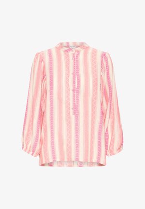 Blouse à manches longues rayée rose et crème avec une patte de boutonnage à l'avant et un petit col à volants.