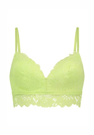 Bralette en dentelle vert citron avec des bretelles réglables, motif floral, bords festonnés et une bande lisse en bas.