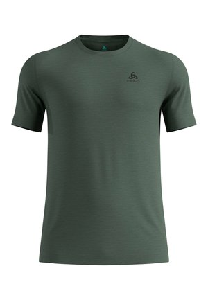 Dark green short-sleeve t-shirt with a crew neck and a smooth texture. Features a small black logo on the upper left chest area.