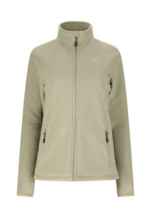 Lys beige fleecejakke med fuld lynlås, høj krave, lange ærmer og lynlåslommer i siden, designet til afslappet eller udendørs brug.