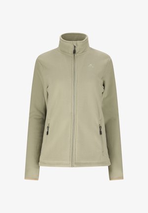 Lys beige fleecejakke med fuld lynlås, høj krave, lange ærmer og lynlåslommer i siden, designet til afslappet eller udendørs brug.