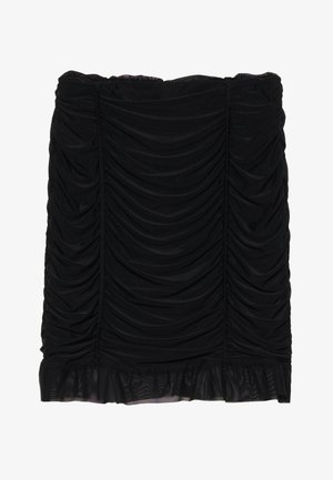 Saia mini preta com tecido franzido, apresentando um design com pregas e uma bainha com babados. Feita de material macio com uma textura suave.