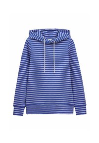 Modrá mikina s kapucňou s bielymi horizontálnymi pruhmi a bielymi šnúrkami, dlhými rukávmi a rebrovaným spodným lemom a manžetami.