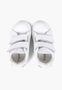Wei�ße Kinderschuhe aus Leder mit zwei verstellbaren Klettverschlüssen. Abgerundete Zehenpartie und weiche Innenausstattung.