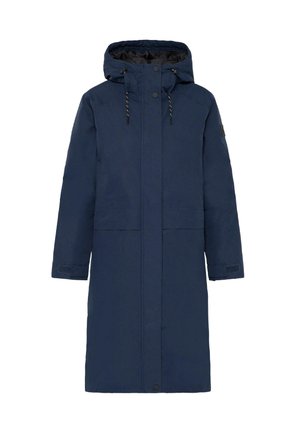 Tumesinine pikk mantel kapuutsiga, lukuga ja nööbiga kinnitamine, kaks suurt esikotti ja reguleeritava istuvuse jaoks nööbivoldid.