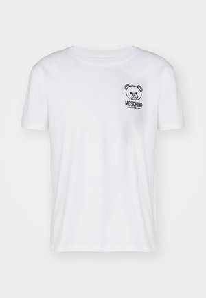 Weißes Baumwoll-T-Shirt mit einem kurzärmeligen Design, Rundhalsausschnitt und einem schwarzen Bären-Graphic mit dem Text "Moschino Underbear" auf der Brust.