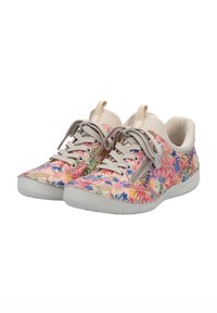Blumenmuster-Sneaker mit rosa und blauen Designs, einer grauen Gummisohle, grauen Schnürsenkeln und einer Schlaufe an der Rückseite für einfaches Anziehen.