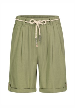 Olivgrüne Shorts mit einem gerafften, elastischen Bund, geflochtenem Kordelzug und umgeschlagenen Säumen, die seitlich einen dekorativen Knopf aufweisen.