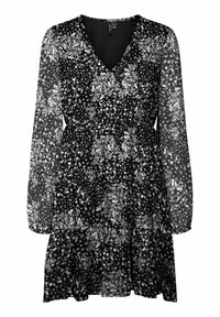 Robe noire à imprimé floral avec manches longues en voile, design à volants et décolleté en V. Présente un motif floral blanc dispersé sur le tissu.