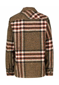 Plaid shirt jacket in brown, featuring red and black accents. Made of a textured material with a collar and buttoned cuffs.
