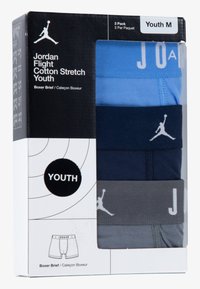 Dreierpack Jugend-Boxershorts in Blau, Navy und Grau aus Baumwolle. Verfügt über elastische Taillenbänder mit weißem Jordan-Logo. Größe: Jugend M.
