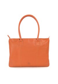 Borsa tote in pelle arancione con texture liscia, manici superiori doppi e dettagli di cucitura discreti. Presenta un piccolo logo al centro in basso.