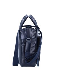 Borsa in pelle blu scuro con un design strutturato, due manici superiori, tracolla rimovibile e dettagli con zip. Texture liscia e lucida.