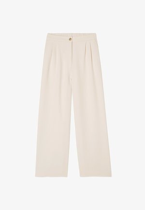 Bežové nohavice s širokými nohavicami a mäkkou textúrou, so zapínaním na prednom priečnom tlačidle, skladmi v páse a elastickým pásom na zadnej strane.