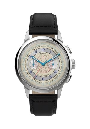 Кръгъл хронограф Timex Marlin сребрист корпус, бежов циферблат, сини стрелки, черна кожена каишка и два под циферблата показващи секунди и минути.