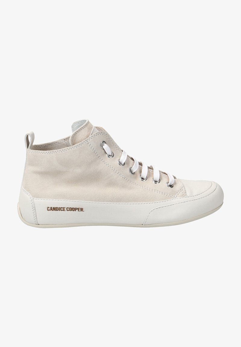 Light gray high-top sneaker made of suede and leather, featuring white laces, silver eyelets, and a rubber sole with "CANDICE COOPER" logo.