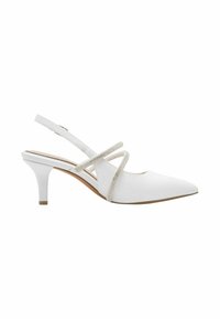 Escarpin blanc à bride arrière avec un bout pointu, orné d'une sangle argentée en croix, présentant une finition brillante et élégante ainsi qu'un petit talon.