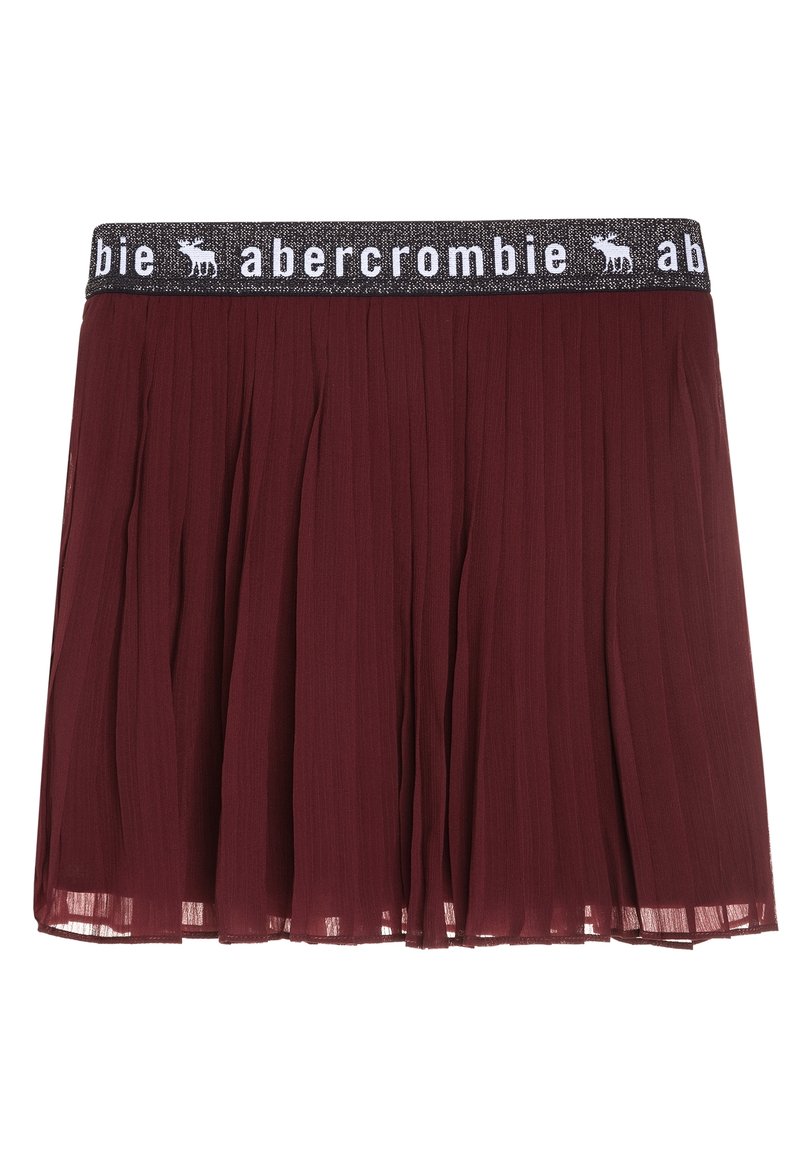 Bordowa spódnica plisowana z czarnym elastycznym pasem, z białym logo Abercrombie i ikonkami łosia.