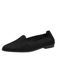 Svart mocka slip-on sko med rund tå, minimal sömnad och en låg, platt klack. Slät textur med en elegant design.
