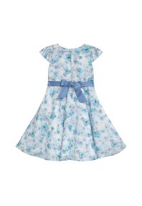 Blumenkleid aus hellblauem Stoff mit kurzen Ärmeln. Das Design zeigt Schmetterlingsmuster und eine Schleife in der Taille. A-Linien-Silhouette.