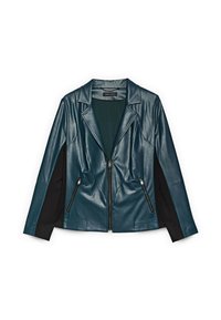 Teal koženka s strukturovaným límcem, černými postranními panely a dvěma předními zipovými kapsami. Má hladký povrch a přizpůsobený střih.