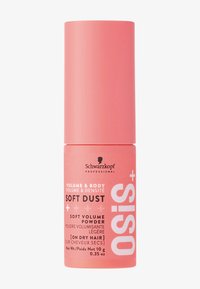 Rosa zylindrischer Behälter mit Volumenpulver für Haare, mit weißem Text für Marken- und Produktdetails. Glatte Textur, minimalistisches Design.