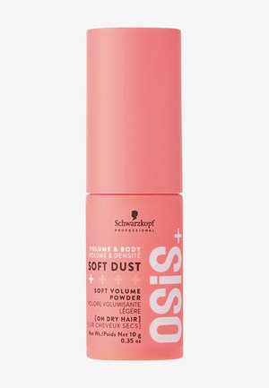 Roze cilindervormige verpakking met haarkrulpoeder, voorzien van witte tekst met merk- en productgegevens. Gladde textuur, minimalistisch ontwerp.