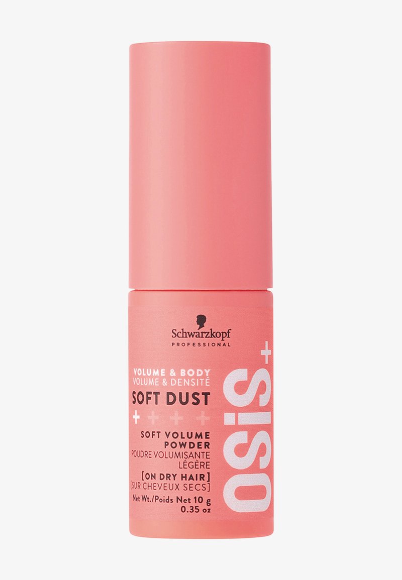 Rosa zylindrischer Behälter mit Volumenpulver für Haare, mit weißem Text für Marken- und Produktdetails. Glatte Textur, minimalistisches Design.