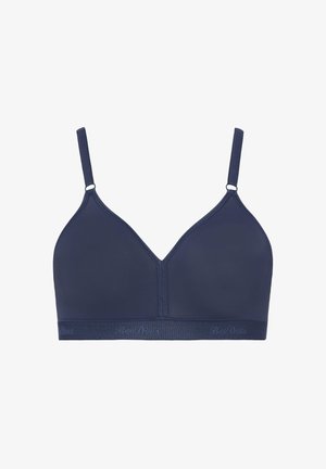 Dunkelblauer, drahtloser BH in dreieckiger Form, mit glattem Stoff, verstellbaren Trägern und einem strukturierten elastischen Band, das dezente Schriftzüge aufweist.