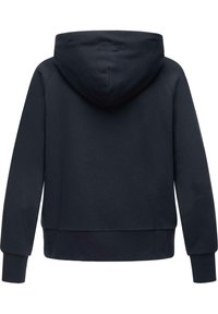 Tamno plava dukserica s mekanom teksturom, s kapuljačom na vezanje, rebrastim manžetama i skraćenim rubom. Pogled s leđa, bez grafičkih detalja.