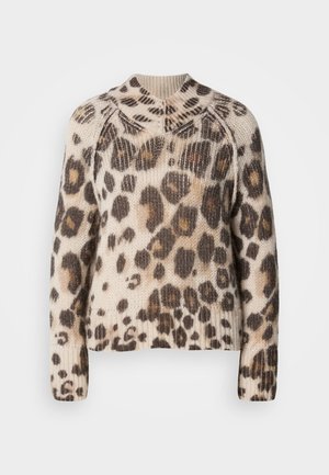 Knit sweater with a crew neckline, featuring a beige base adorned with brown leopard spots, ribbed cuffs, and a textured finish.