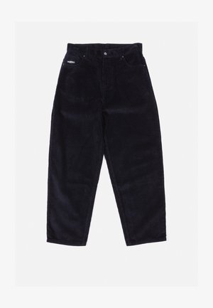 Pantaloni in corda blu notte con design a gamba dritta, dotati di cinque tasche, chiusura con bottone metallico e un branding discreto sulla vita.