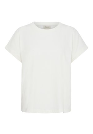 Maglietta bianca a maniche corte con scollo tondo, vestibilità rilassata e piccolo spacco laterale sull'orlo.