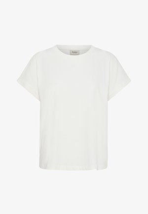 Balta īsroku krekliņa ar apaļu apkakli, brīva piegriezuma un ar nelielu šķēlumu sānos apakšmalā.